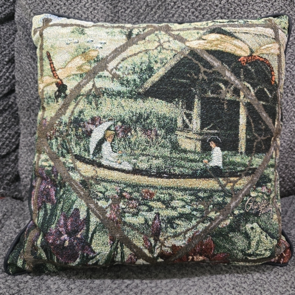 Glynda Turley Signed Tapestry Boat Couple Dragon Flys Flowers Frog Pillow 16x16